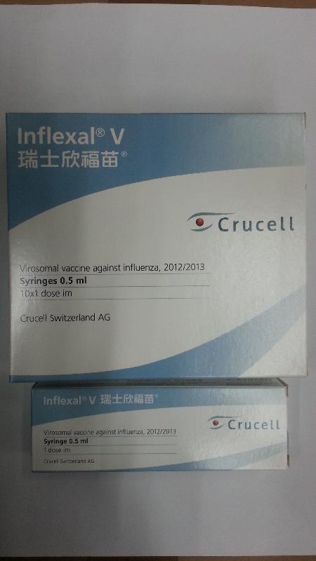 The Department of Health endorsed a licensed drug wholesaler, Amedis Company Limited, to conduct voluntary recall of all batches of Inflexal V 2012/2013 seasonal influenza vaccine (registration number: HK-50625) from the market as a result of the global precautionary measure by the Swiss manufacturer, Crucell.

