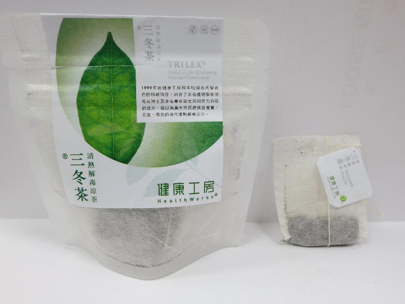 Photo shows TRILEX Herbal Tea for Eliminating Heat and Detoxicating, the unregistered proprietary Chinese medicine.
