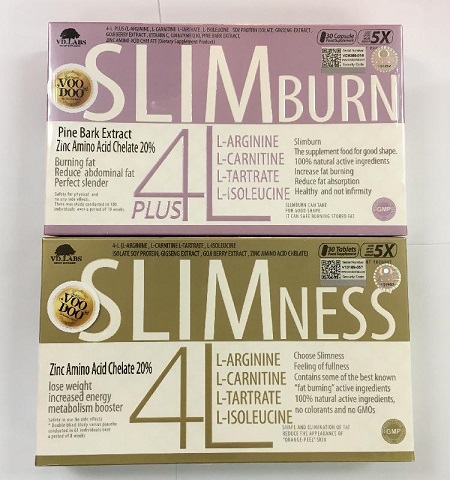卫生署今日（六月二十七日）突击搜查两间零售店铺，涉嫌非法售卖两款名为「4L SLIMNESS」（下）和「4L SLIMBURN PLUS」（上）的减肥产品，产品怀疑含有未标示的第1部毒药。