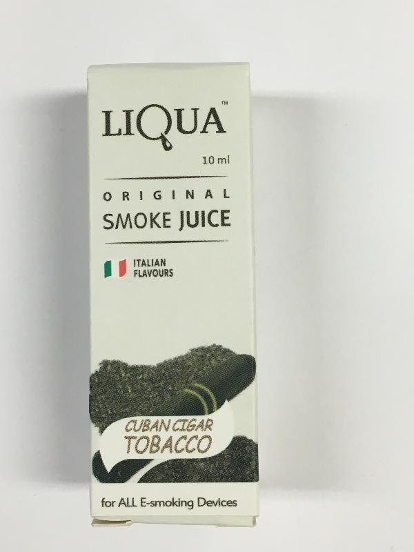 图示检获含尼古丁作电子烟用的液体产品Liqua Original Smoke Juice Cuban Cigar Tobacco。