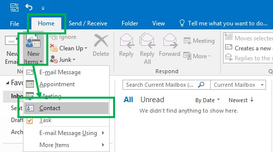 In Outlook 2016, click “Home” > “New Items”> “Contact” on the toolbar to create HMS contact in the address book.