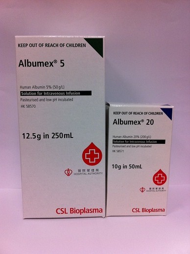 The Department of Health (DH) today (March 8) instructs a licensed drug wholesaler, Hong Kong Red Cross Blood Transfusion Service (HK Red Cross), to recall all Albumex 5 Infusion 12.5g/250ml (HK-58570) and Albumex 20 Infusion 10g/50ml (HK-58571), due to quality issue. 
