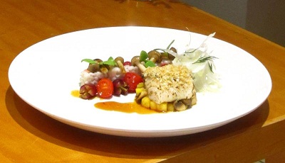 Silver prize-winning dish: "Provencal Atlantic Black Cod with Glazed Pineapple and Fungi".