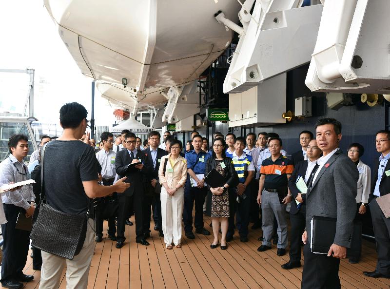 The Government tested its preparedness for a possible outbreak of norovirus gastroenteritis today (November 9) during an exercise code-named "Sapphire". Photo shows the Director of Health, Dr Constance Chan (centre left), inspecting the exercise at the Kai Tak Cruise Terminal.