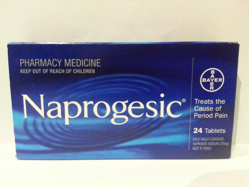 The product, Naprogesic, is labelled as containing naproxen for the relief of pain.