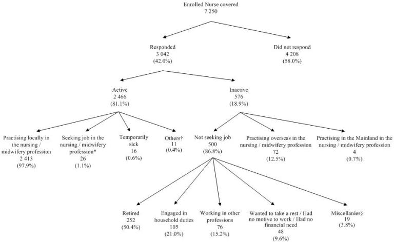 Chart title: Activity Status of Enrolled Nurses Covered Of the 7 250 enrolled nurses covered, 3 042 (42.0%) responded to the survey, while the remaining 4 208 (58.0%) did not respond.  Among the respondents, 2 466 (81.1%) were active in the local nursing / midwifery profession whereas 576 (18.9%) reported that they were inactive in the local nursing / midwifery profession.