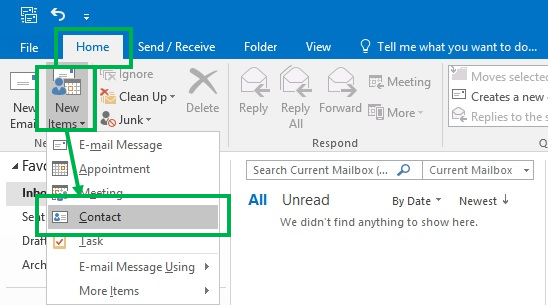 In Outlook 2016, click “Home” > “New Items”> “Contact” on the toolbar to create HMS contact in the address book. In Outlook 2016, click “Home” > “New Items”> “Contact” on the toolbar to create HMS contact in the address book.