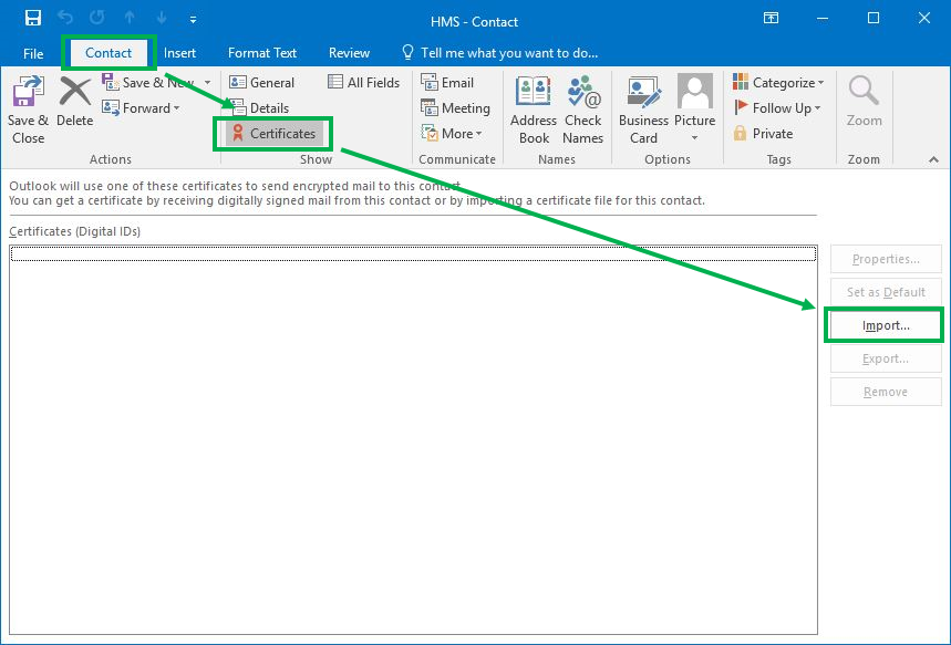 Go to “Contact” > “Certificates” > click on “Import” Go to “Contact” > “Certificates” > click on “Import”