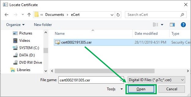 In the “Locate Certificate” pop up dialog, select the e-Cert for HMS that you have previously downloaded and click “Open”.