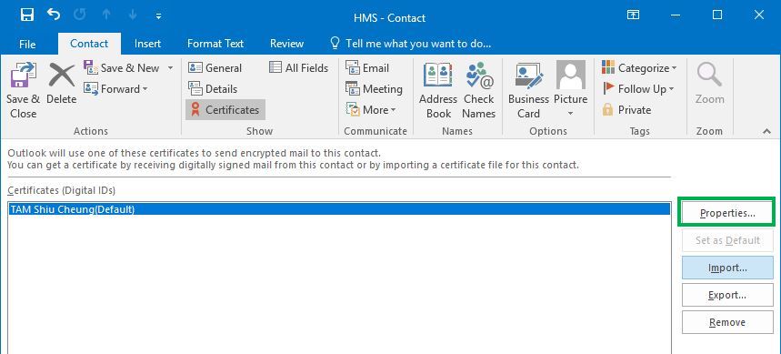 In the “Contact Properties” dialog of HMS, go to the tab “Contact” and click the “Properties” button.