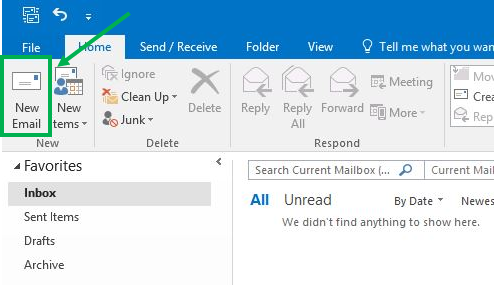 Start Outlook 2016 and click on “New Email” button on the tool bar. Start Outlook 2016 and click on “New Email” button on the tool bar.
