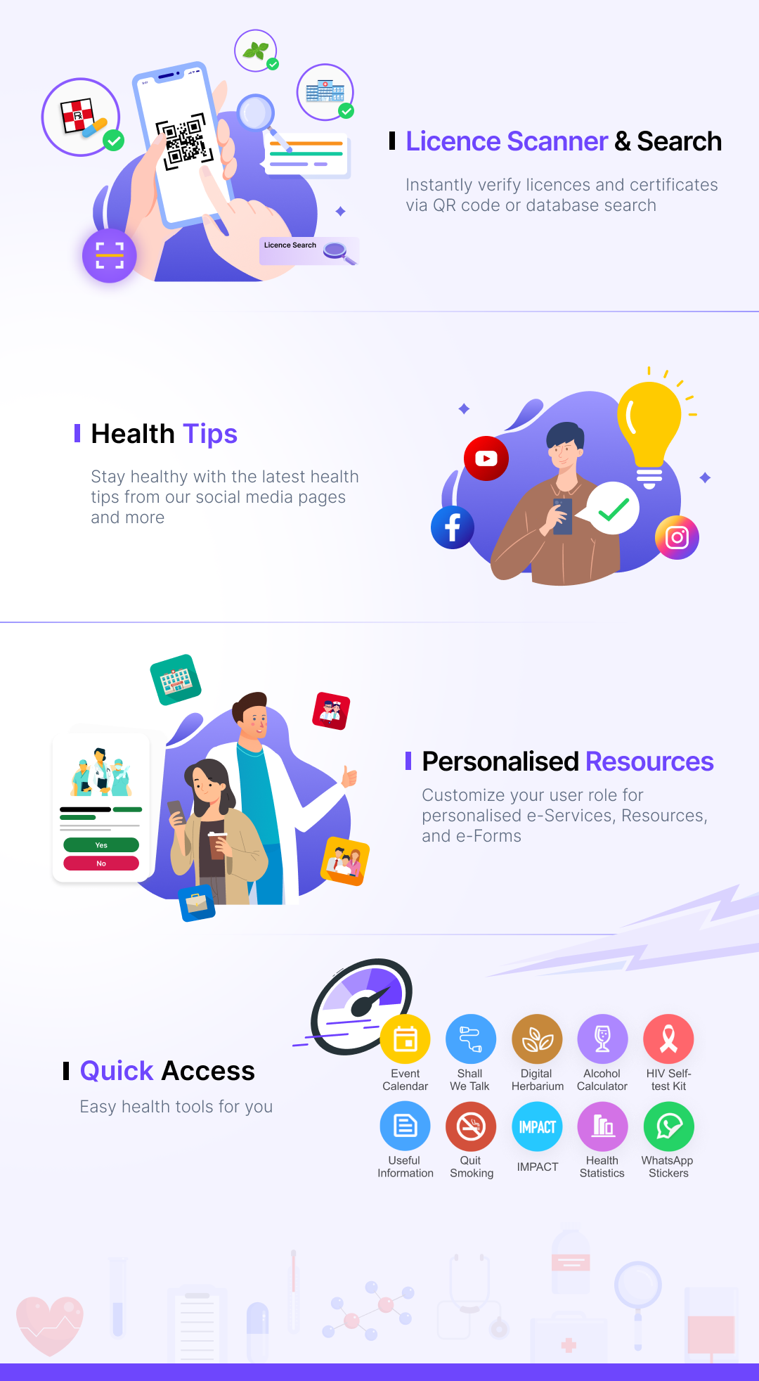 @DH App is a comprehensive electronic public health information platform, exclusively developed by the Department of Health in Hong Kong. It provides a wide range of functions for the general public, healthcare professionals and other entities. The app offers licence and certificate validation, access to e-Services, e-Forms, vaccination and dental resources, useful health tools, health tips, and much more. Download the @DH Mobile App and experience it today!