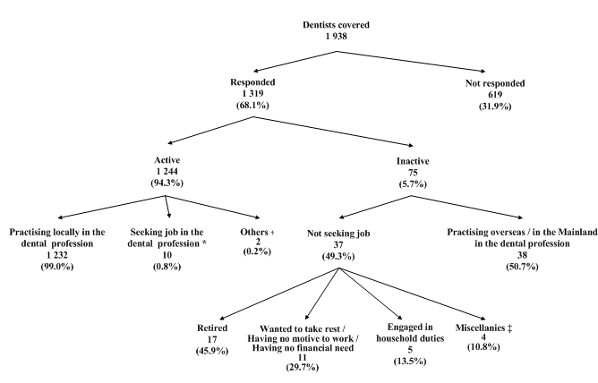 Of the 1 938 dentists covered, 1 319 (68.1%) had responded to the survey, while the remaining 619 (31.9%) had not responded.  Among the respondents, 1 244 (94.3%) were active in the local dental profession whereas 75 (5.7%) reported to be inactive in the local dental profession.
  
Among the 1 244 active dentists, 1 232 (99.0%) were practising in the local dental profession, ten (0.8%) responding dentists who (a) were not practising in the dental profession in Hong Kong during the survey period; (b) had been available for work in the local dental profession during the seven days before the survey; and (c) had sought work in the local dental profession during the 30 days before the survey and the remaining two (0.2%) responding dentists who (a) were not practising in the dental profession in Hong Kong during the survey period; (b) had been available for work during the seven days before the survey; and (c) were expecting to return to the original job or waiting to take up new job in the local dental profession during the 30 days before the survey.

Of the 75 inactive dentists, 38 (50.7%) reported practising overseas / in the Mainland and 37 (49.3%) reported not seeking job in the local dental profession during the 30 days before the survey.
  
Of these 37 inactive dentists, 17 (45.9%) reported retired, 11 (29.7%) wanted to take rest / having no motive to work / having no financial need, five (13.5%) reported engaged in household duties and the remaining four* (10.8%) had other reasons for being inactive.


Note:
* Figure refers to the number of responding dentists who reported working in other profession or undertaking study.

Percentage may not add up to 100% due to rounding