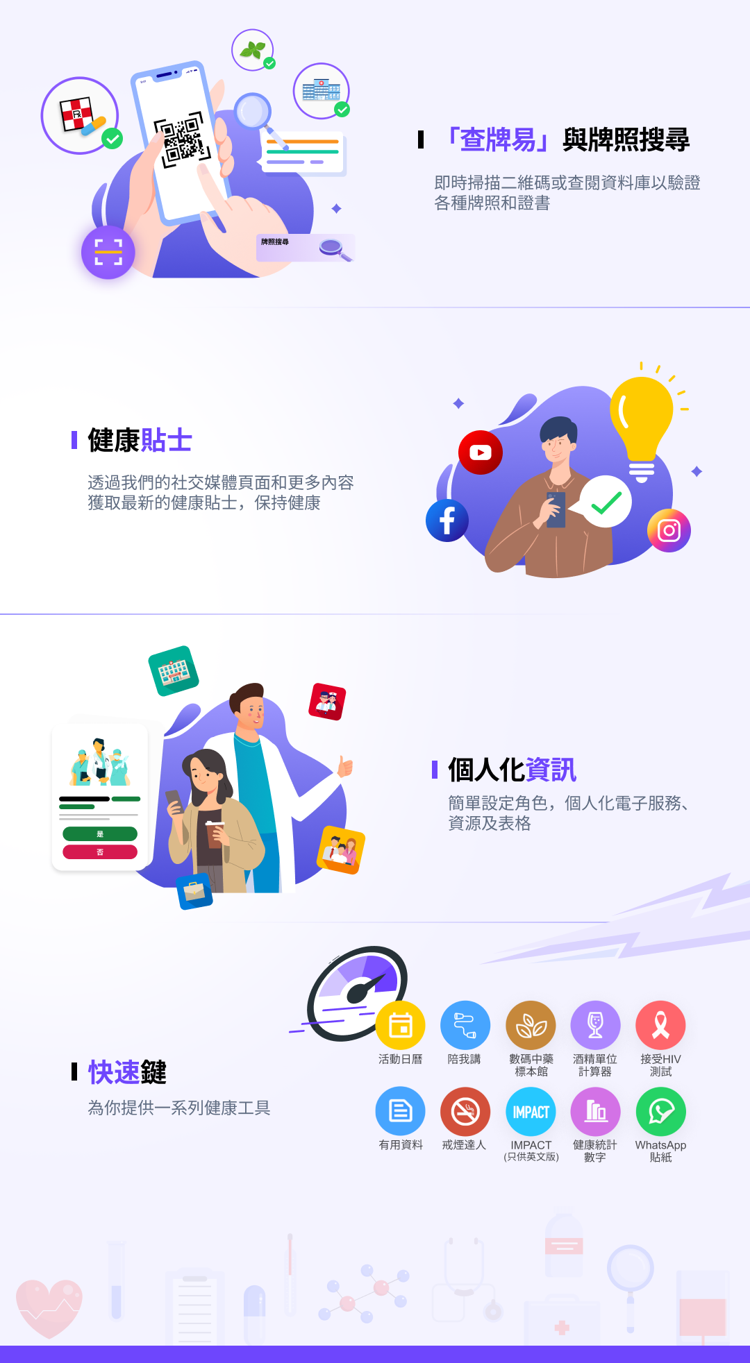 @DH流動應用程式是由香港衞生署專為公眾、醫療專業人士及其他機構打造的全方位電子公共衞生資訊平台，提供多樣化的功能。公眾現在可以透過@DH流動應用程式更便捷地進行牌照和證書驗證，亦能使用各種電子服務、電子表格、疫苗接種和牙科資源、實用健康工具、健康貼士等功能。立即下載@DH流動應用程式，親身體驗便捷服務！